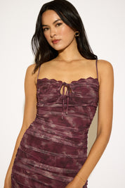 SLEEVELESS RUCHED PRINT MESH MIDI DRESS WITH SLIT