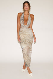 ABSTRACT LEOPARD PRINT COWL NECK MAXI DRESS