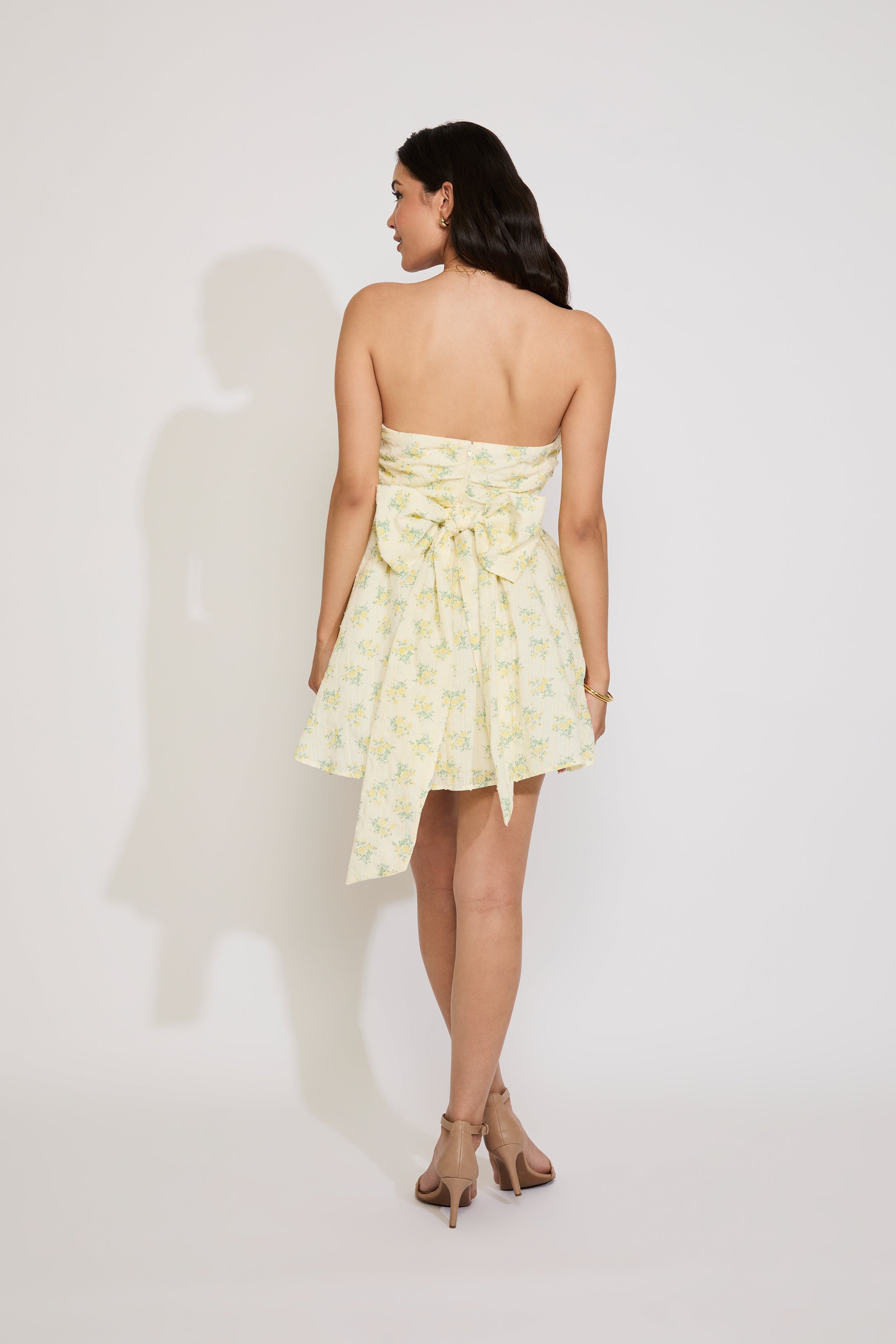 STRAPLESS FLORAL PRINT RUCHED BODICE SKATER MINI DRESS