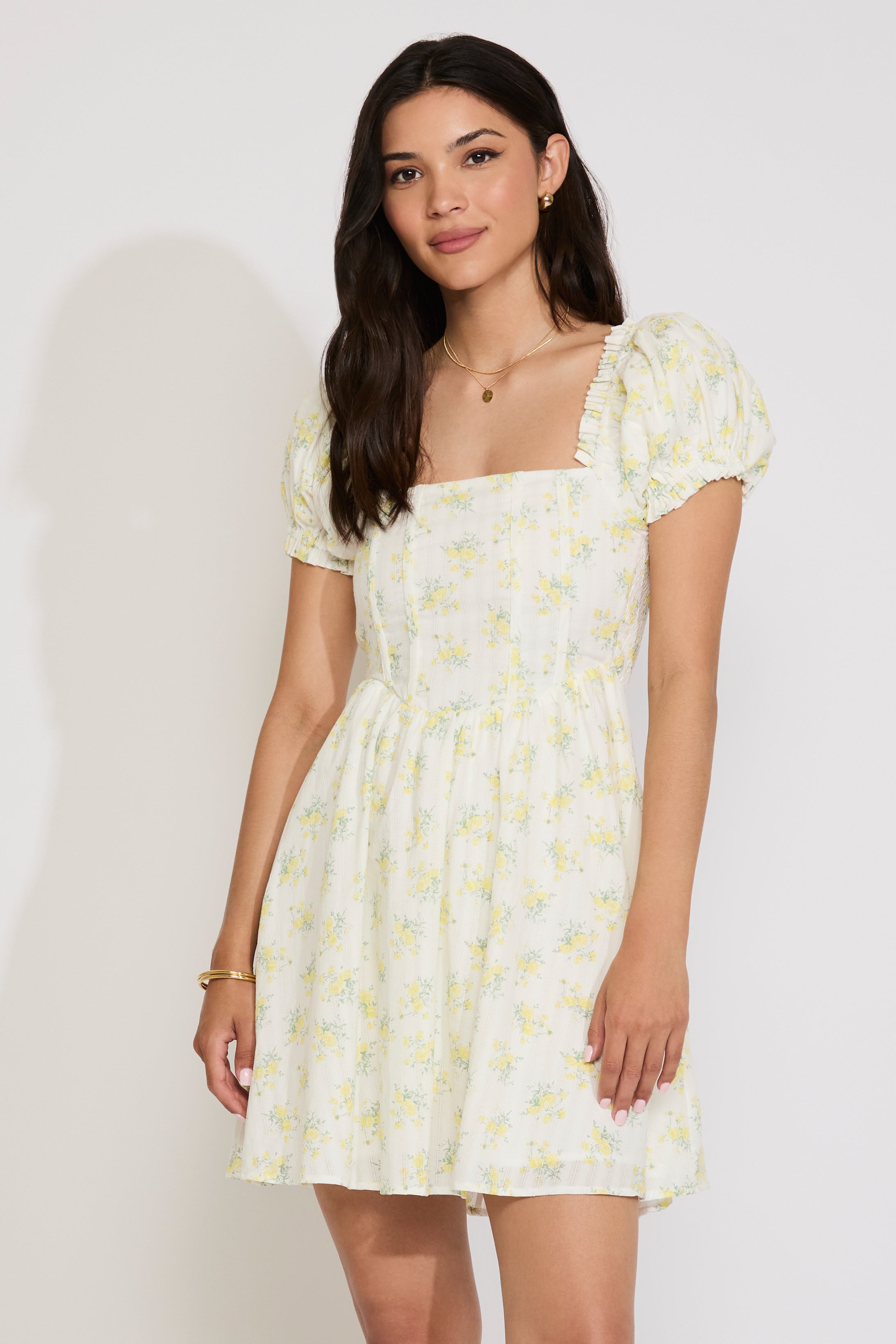 PUFF SLEEVE CORSET TOP A LINE FLORAL MINI DRESS