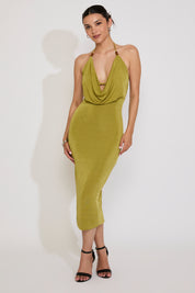 BEADED COWL NECK HALTER MIDI DRESS