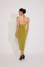 BEADED COWL NECK HALTER MIDI DRESS