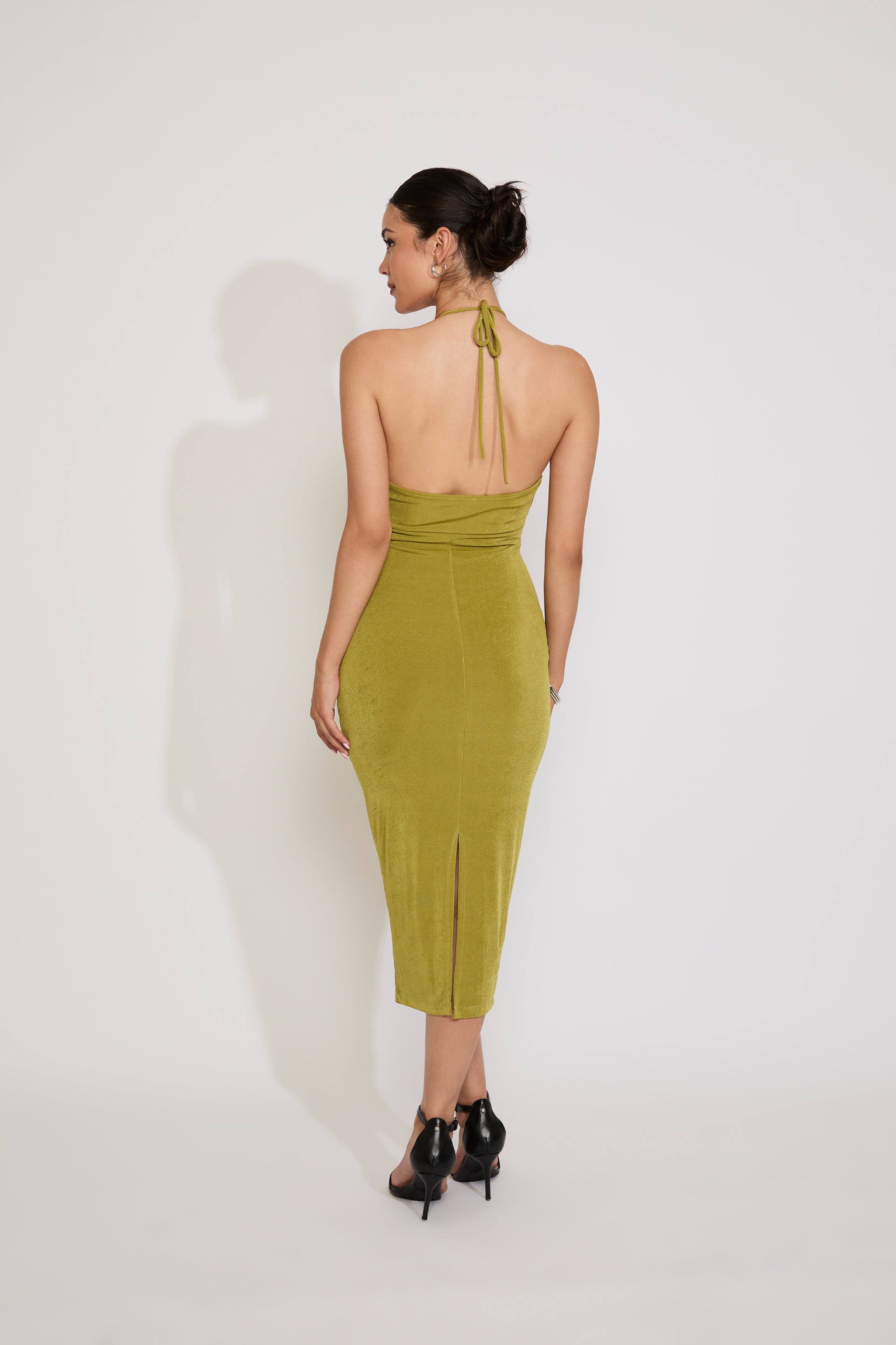 BEADED COWL NECK HALTER MIDI DRESS