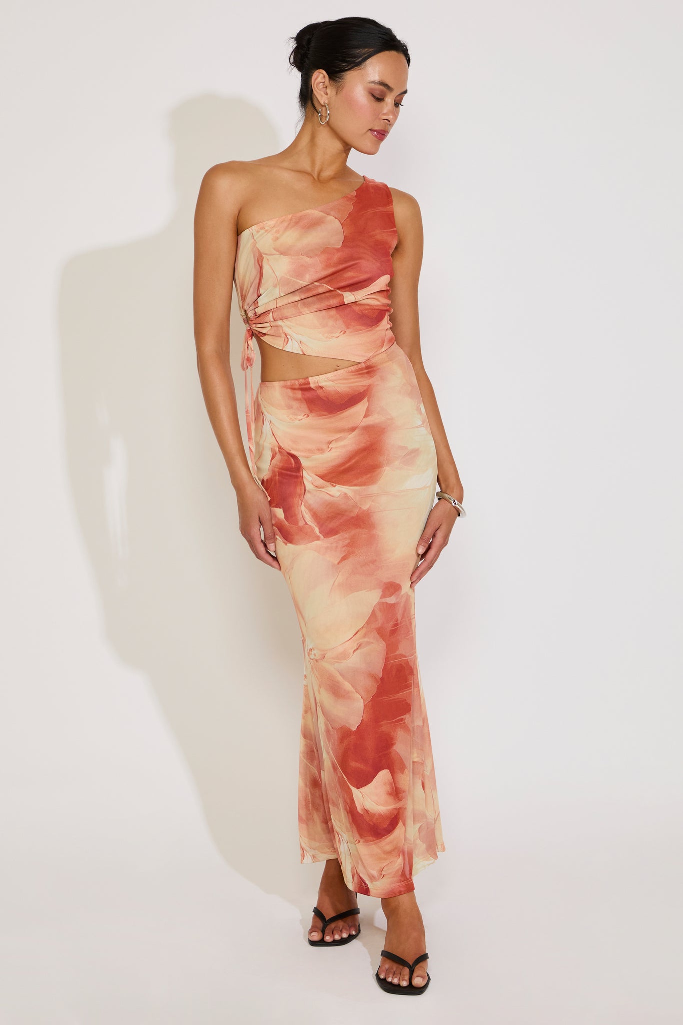 One Shoulder Orchid Print Cutout Maxi Dress V / Orange / S One Shoulder Orchid Print Cutout Maxi Dress V / Orange / S