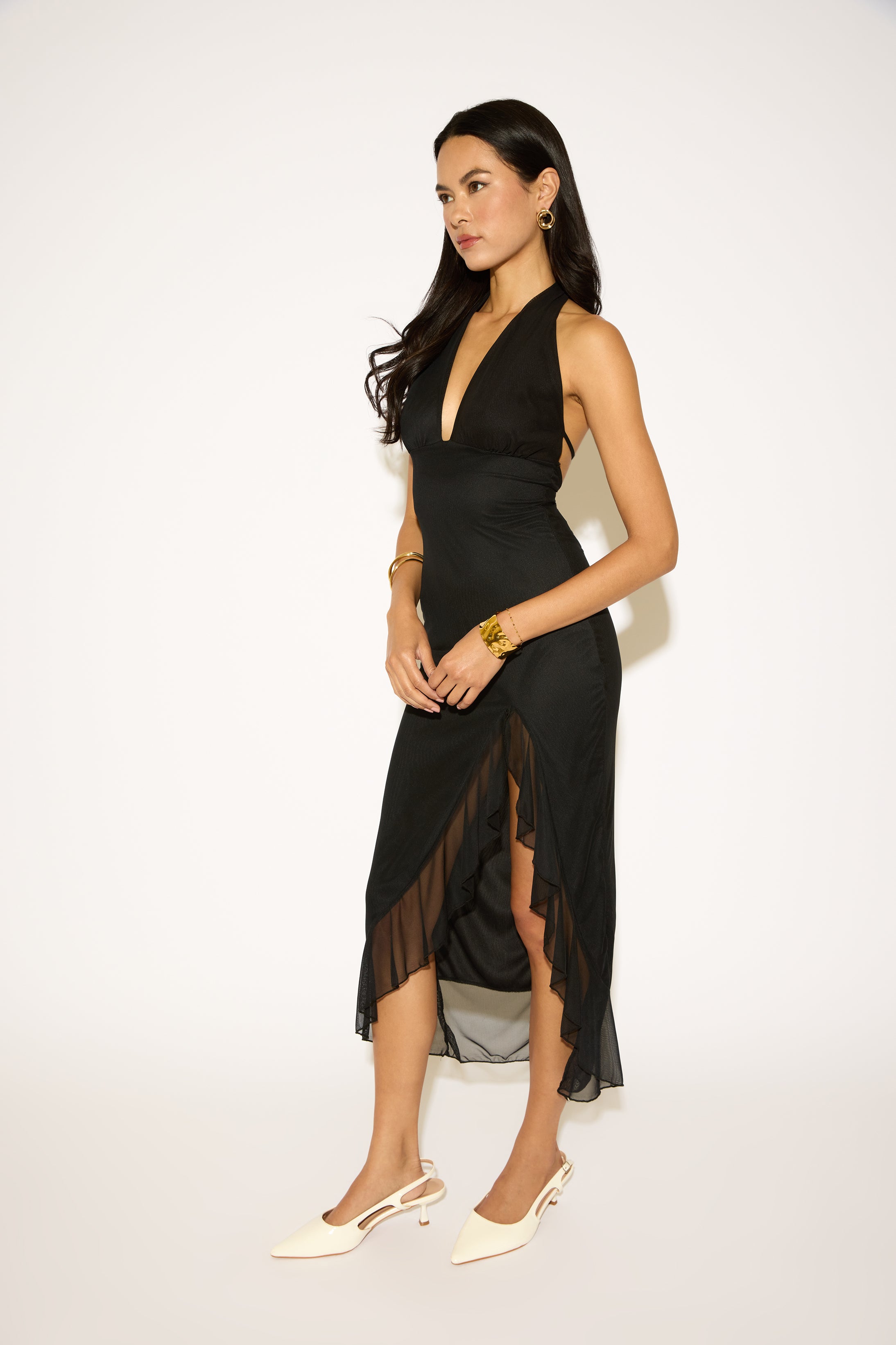 PLUNGING HALTER RUFFLE SLIT MAXI DRESS