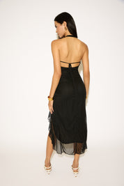 PLUNGING HALTER RUFFLE SLIT MAXI DRESS
