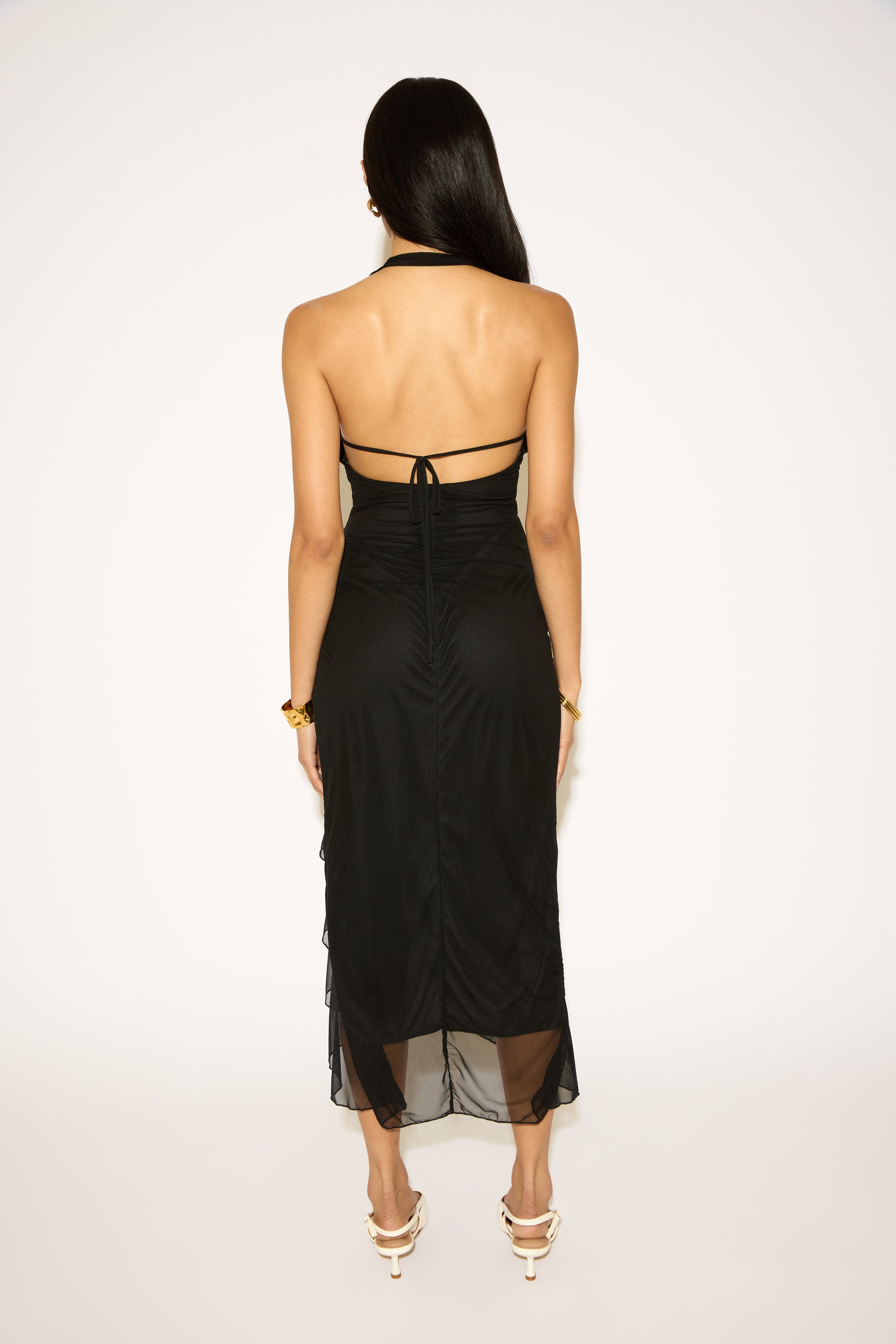 PLUNGING HALTER RUFFLE SLIT MAXI DRESS