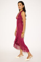 PLUNGING HALTER RUFFLE SLIT MAXI DRESS