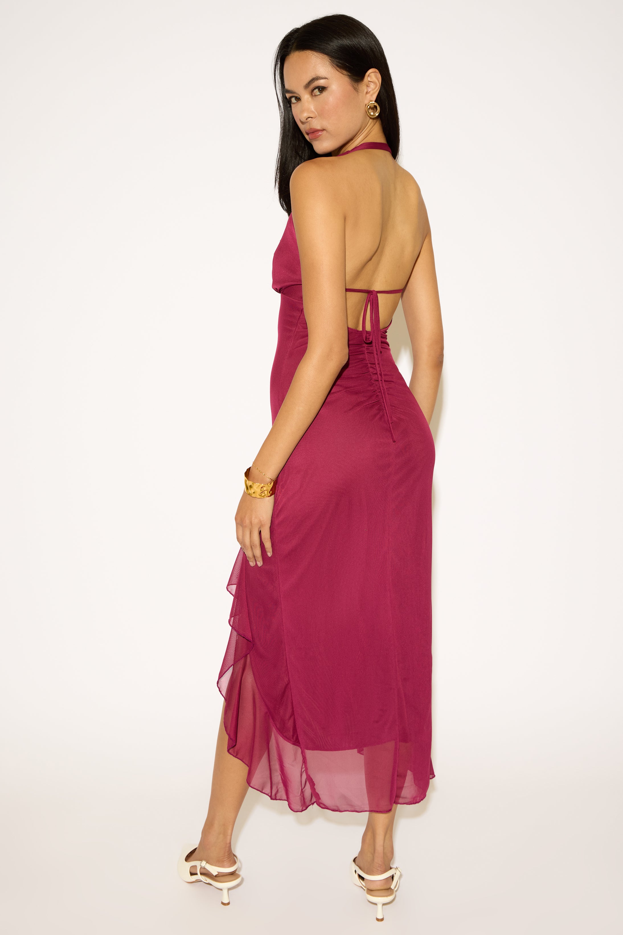 PLUNGING HALTER RUFFLE SLIT MAXI DRESS