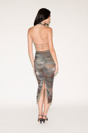 ABSTRACT PRINT STRAPPY BACK RUCHED MIDI DRESS