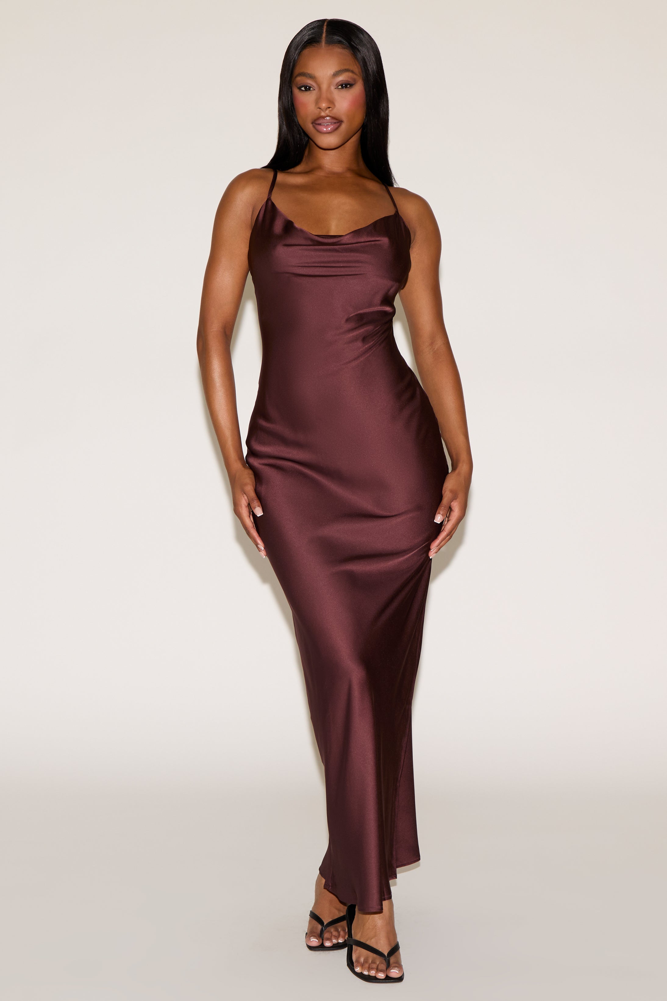 COWL NECK SLEEVELESS SLIP SATINY MAXI DRESS