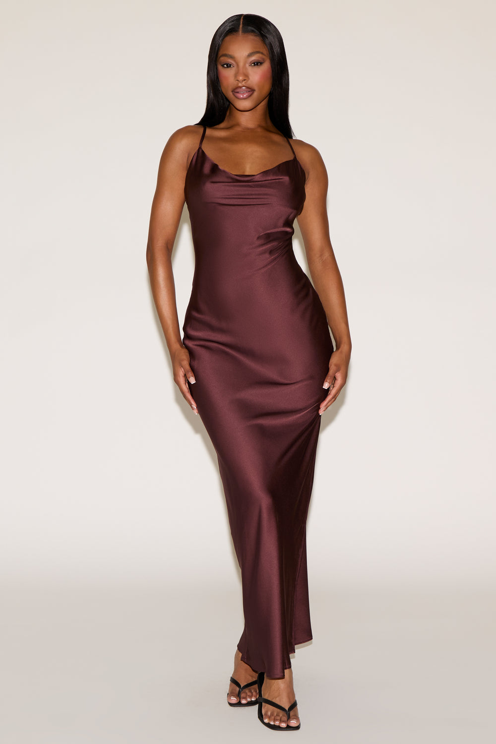 COWL NECK SLEEVELESS SLIP SATINY MAXI DRESS DS / BROWN / M