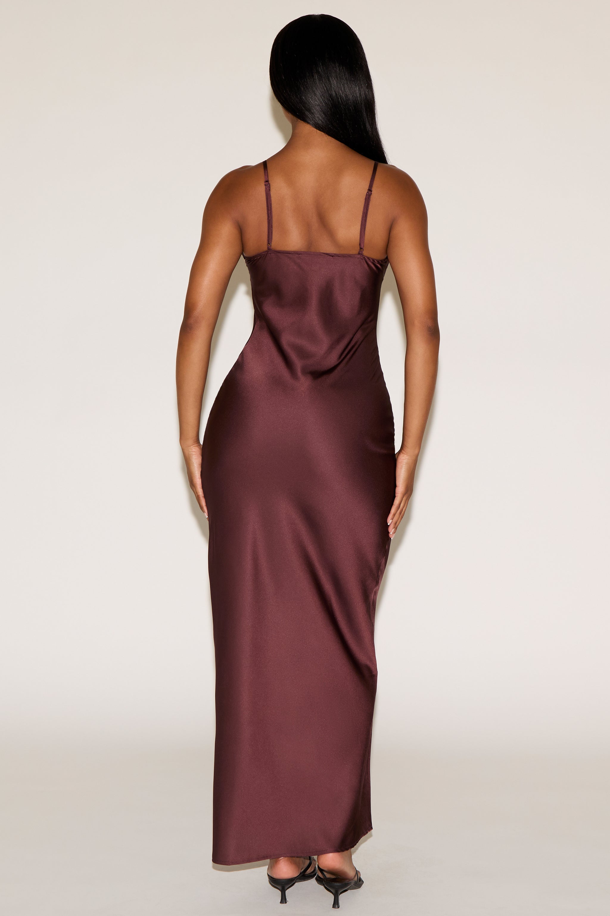 COWL NECK SLEEVELESS SLIP SATINY MAXI DRESS DS / BROWN / M COWL NECK SLEEVELESS SLIP SATINY MAXI DRESS DS / BROWN / M