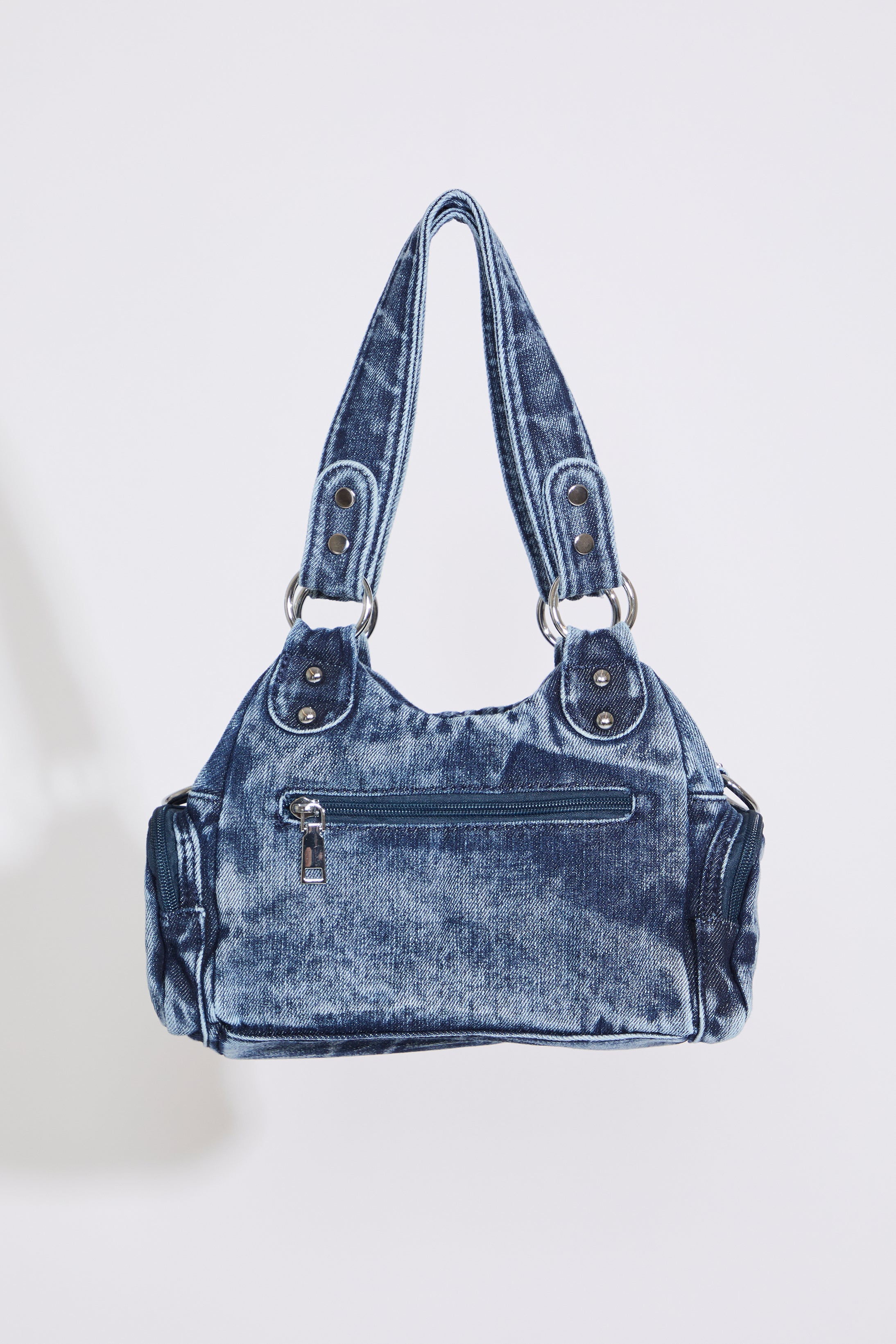 MEDIUM DENIM HOBO STYLE BAG W BUTTERFLY DTL on a white background.