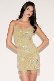 CAMI STRAP X BACK BEADED MINI DRESS WITH FRINGE