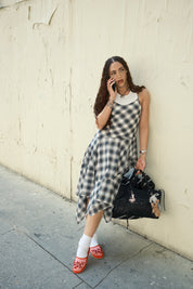 DROP WAIST PLAID SLEEVELESS MIDI DRESS