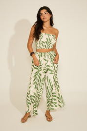 LEAF PRINT SMOCKED CROP TOP & WIDE LEG PANT SET