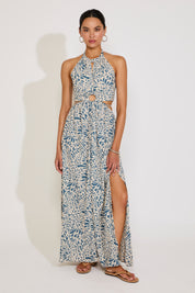 PRINTED HALTER MAXI DRESS WITH O RING CUTOUTS