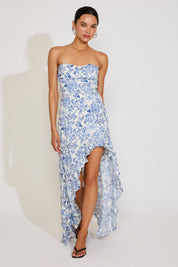 STRAPLESS FLORAL PRINT HI-LO RUFFLE HEM DRESS
