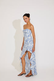 STRAPLESS FLORAL PRINT HI-LO RUFFLE HEM DRESS