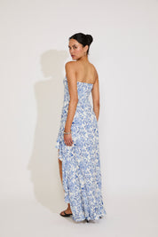 STRAPLESS FLORAL PRINT HI-LO RUFFLE HEM DRESS