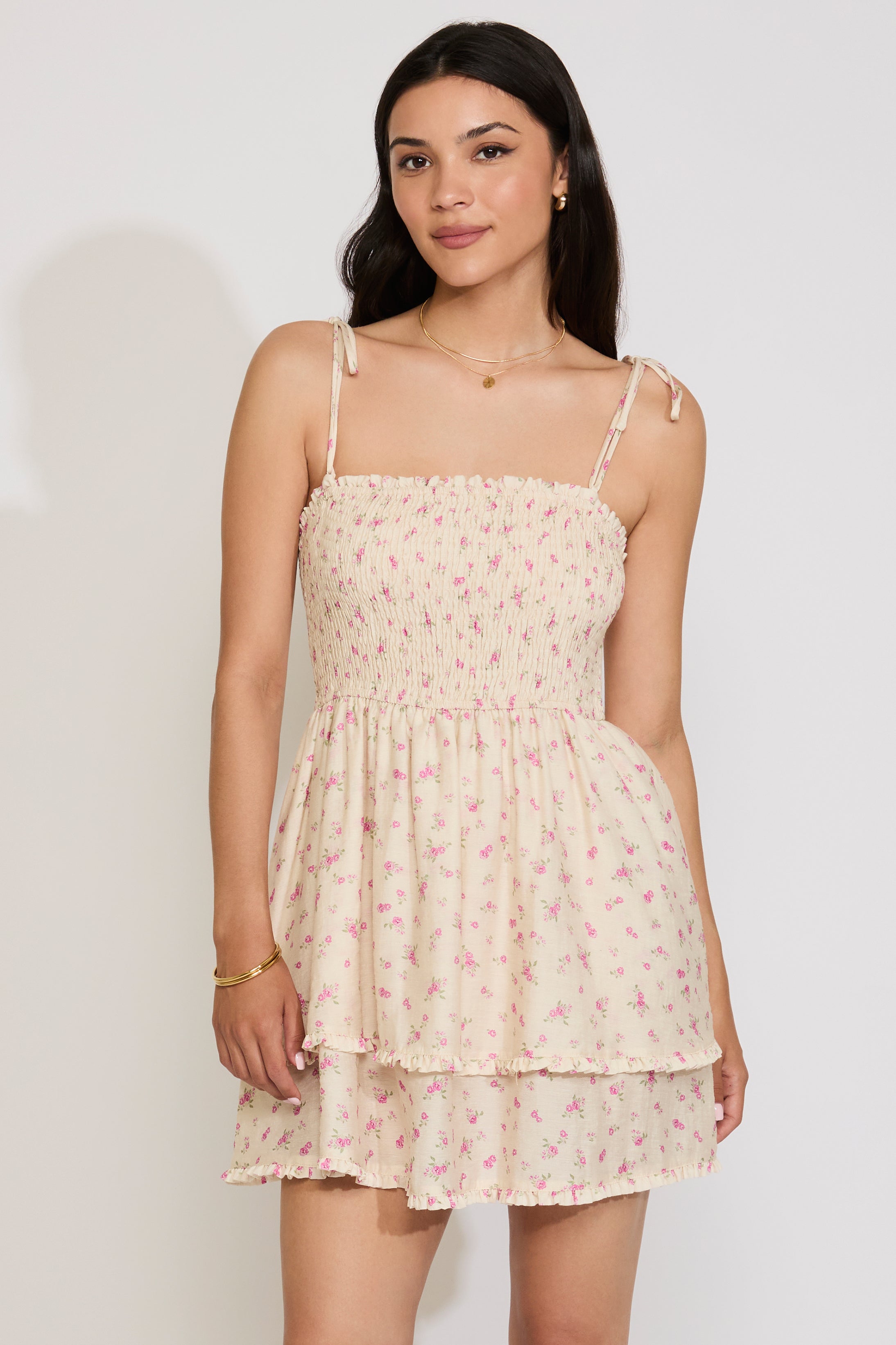 ROSE PRINT CAMI STRAP SMOCKED LAYER MINI DRESS