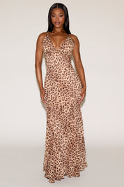 V NECK LEOPARD PRINT SLEEVELESS MERMAID MAXI DRESS