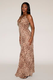 V NECK LEOPARD PRINT SLEEVELESS MERMAID MAXI DRESS