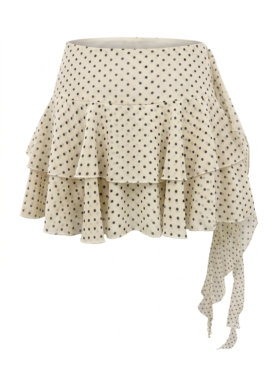 Ghost mannequin photo of a cream POLKA DOT TIERED RUFFLE SKORT on a white background. 