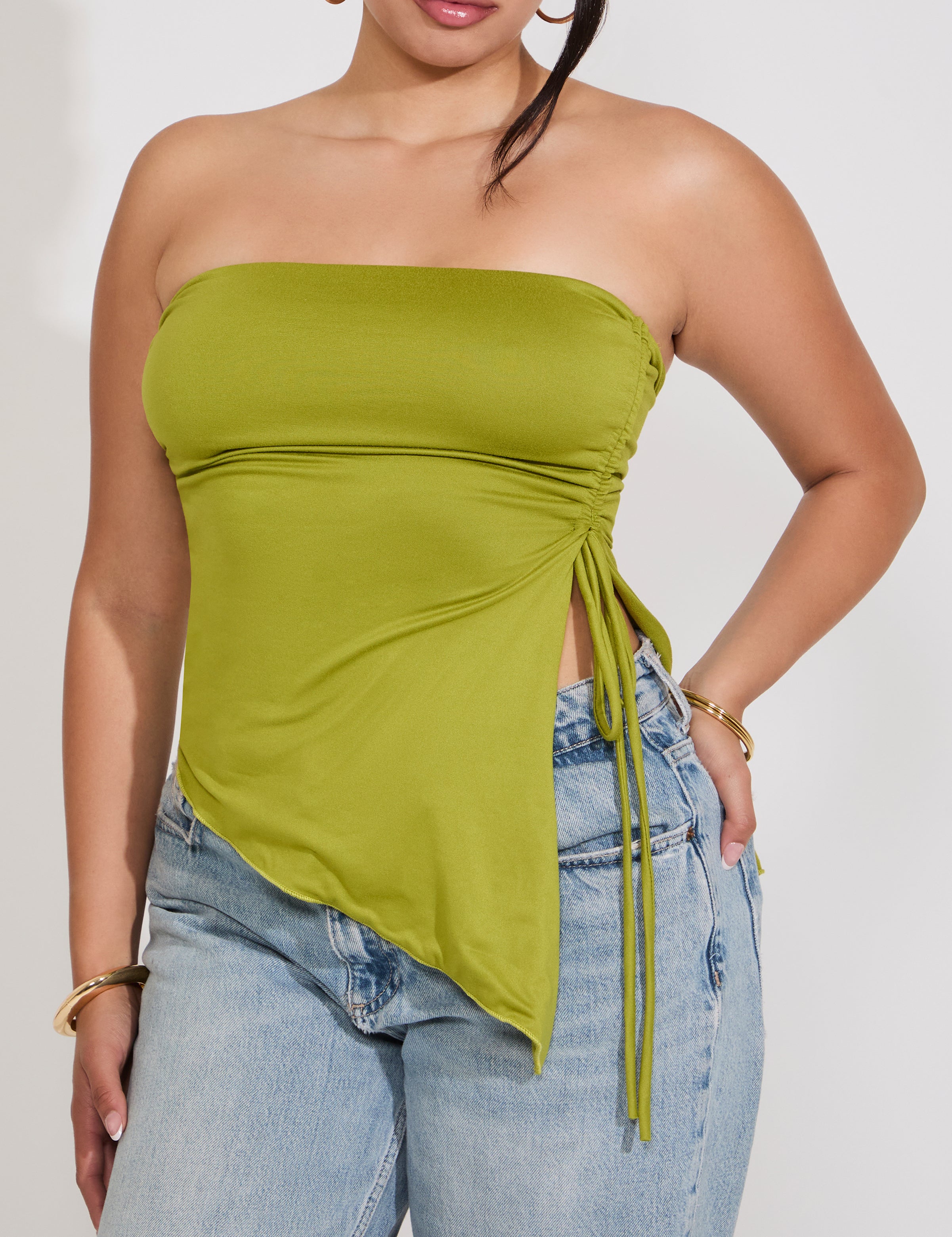 STRAPLESS ASYMMETRICAL HEM SIDE TIE & SLIT TOP