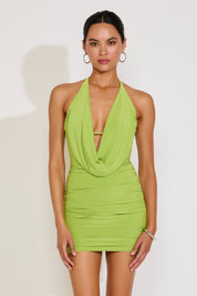 SLEEVELESS HALTER OPEN BACK RUCHED MINI DRESS