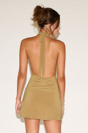 COWL NECK TIE HALTER OPEN BACK MINI DRESS