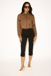 ZIP UP CROPPED VEGAN SUEDE COAT WITH PATCH POCKETS