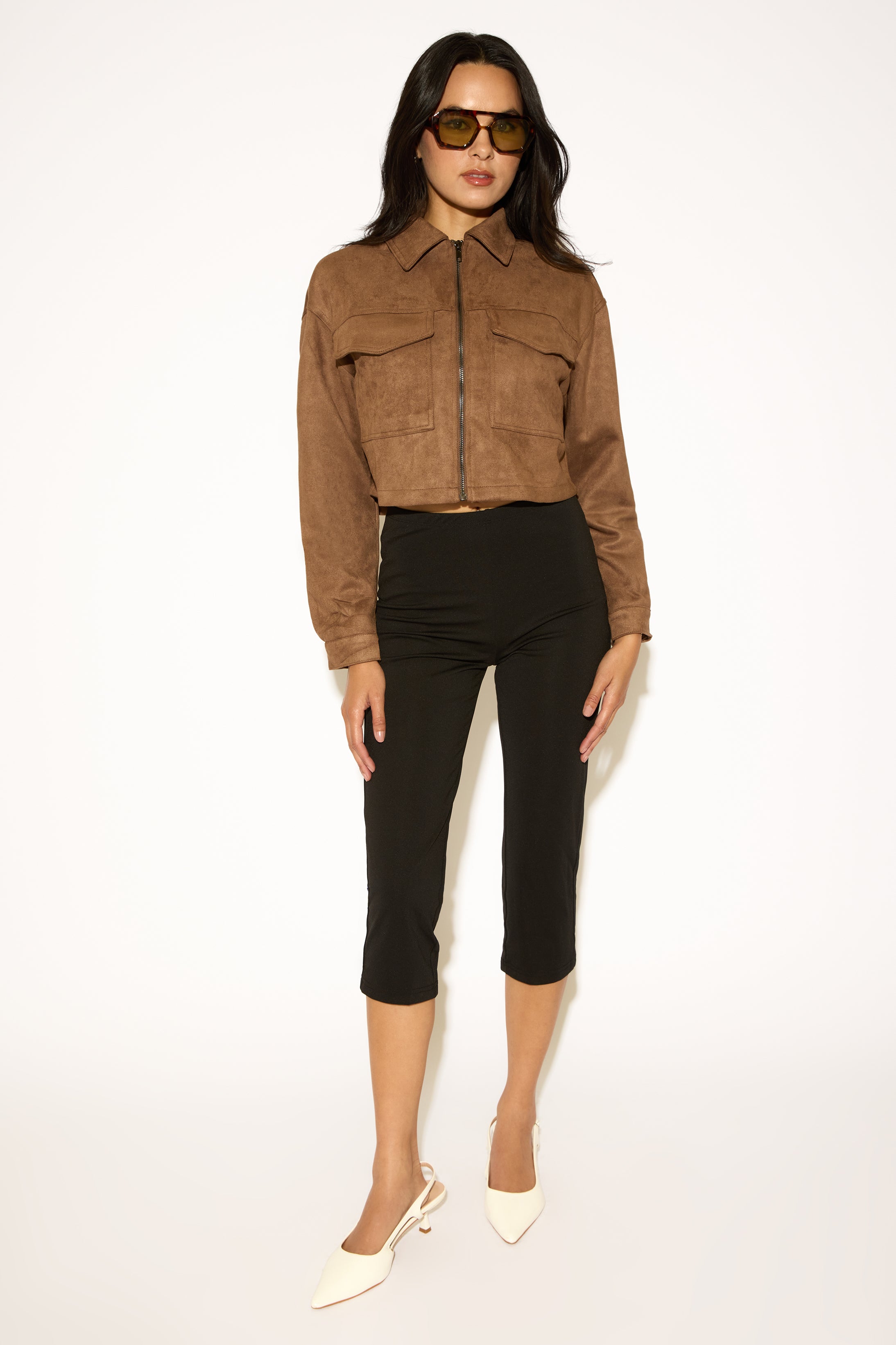 ZIP UP CROPPED VEGAN SUEDE COAT WITH PATCH POCKETS