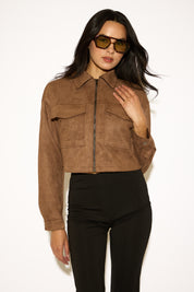 ZIP UP CROPPED VEGAN SUEDE COAT WITH PATCH POCKETS