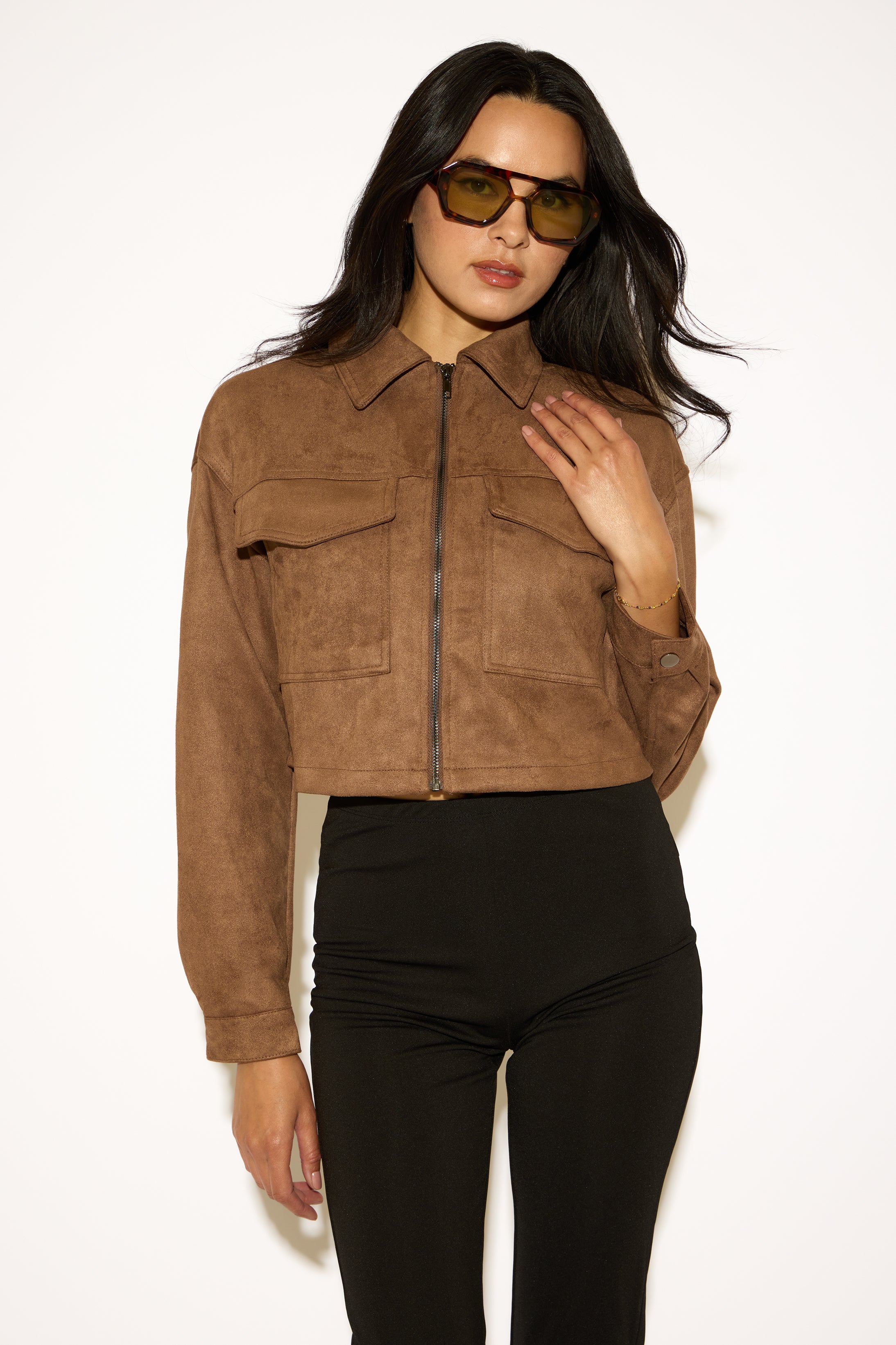 ZIP UP CROPPED VEGAN SUEDE COAT WITH PATCH POCKETS