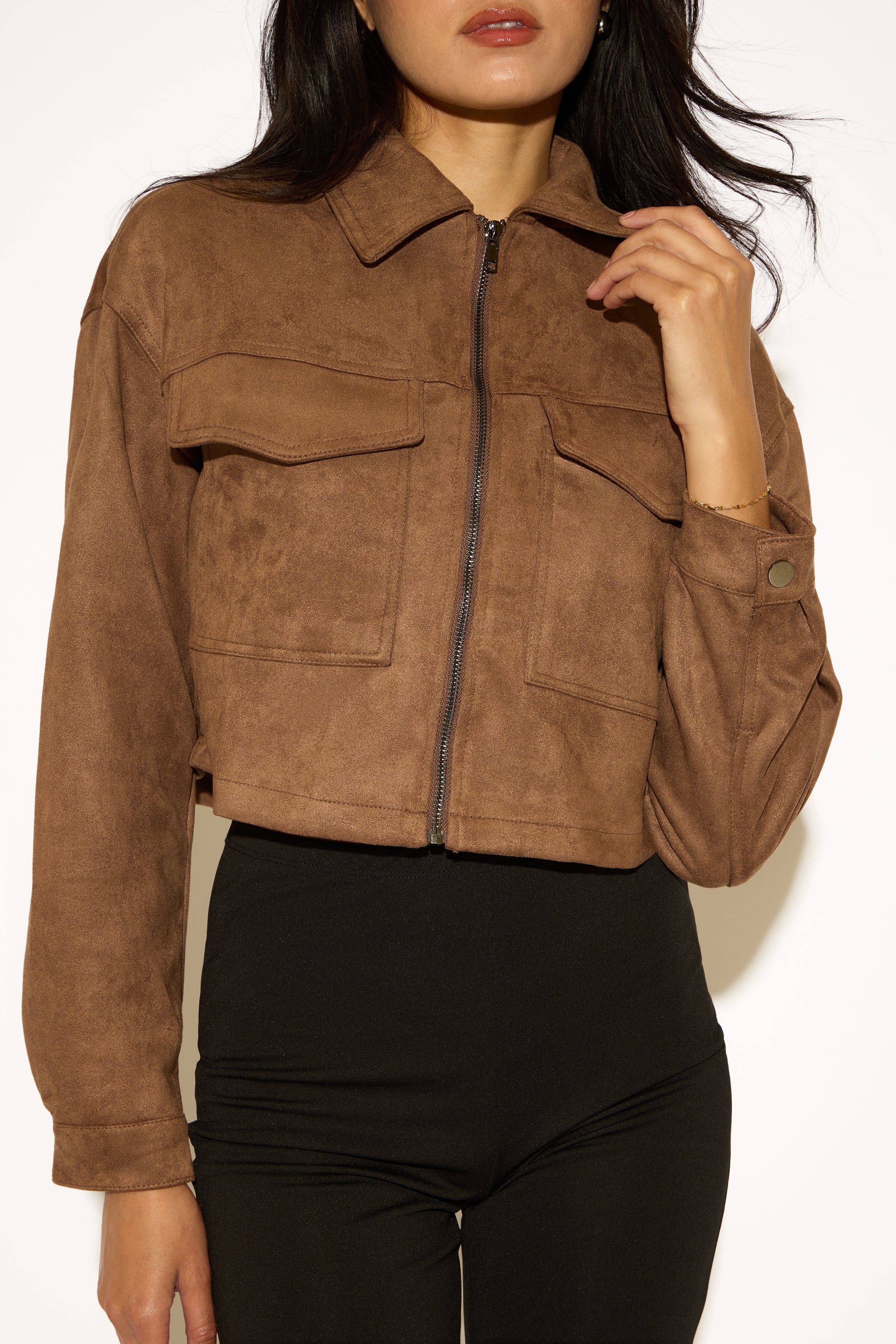 ZIP UP CROPPED VEGAN SUEDE COAT WITH PATCH POCKETS