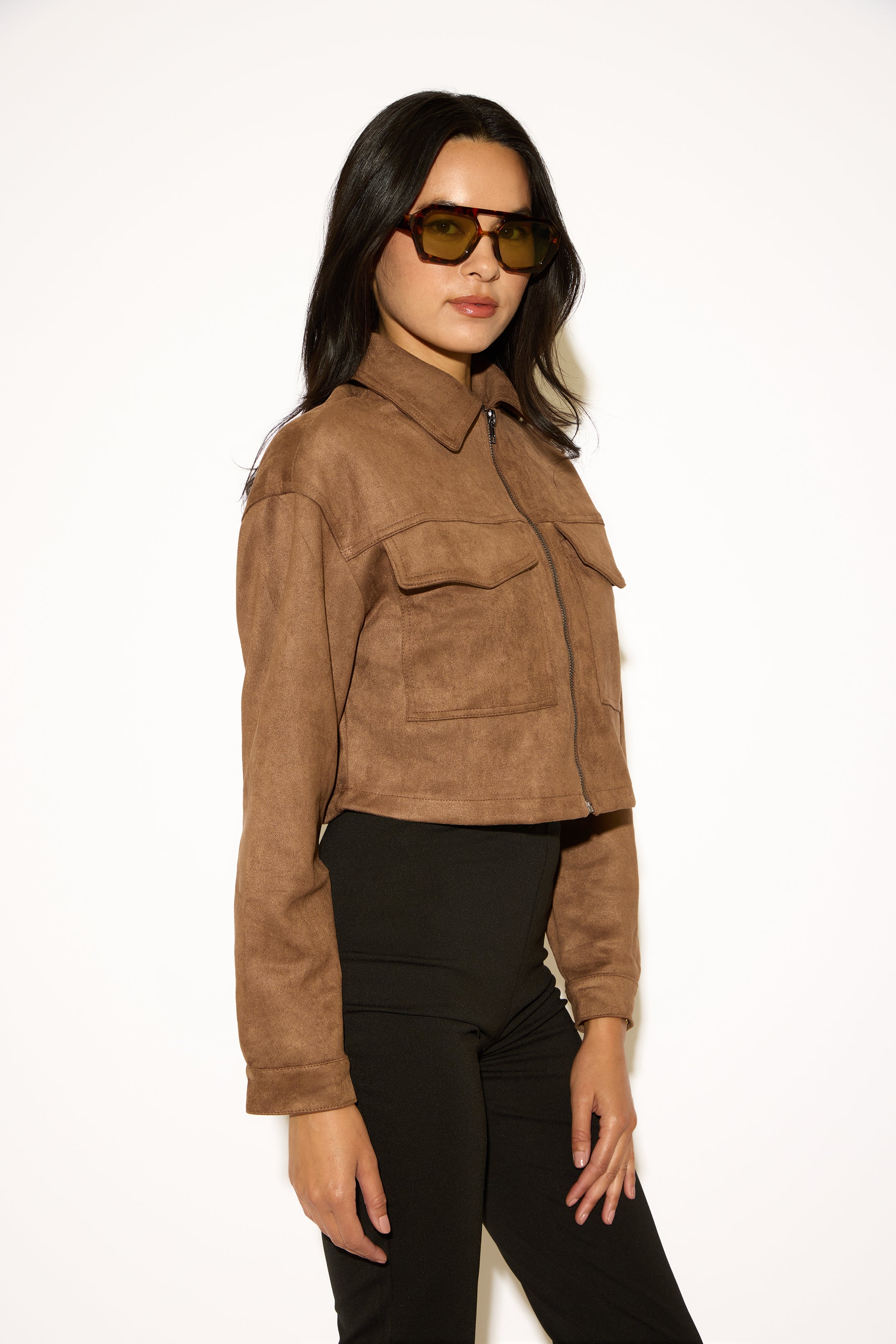 ZIP UP CROPPED VEGAN SUEDE COAT WITH PATCH POCKETS