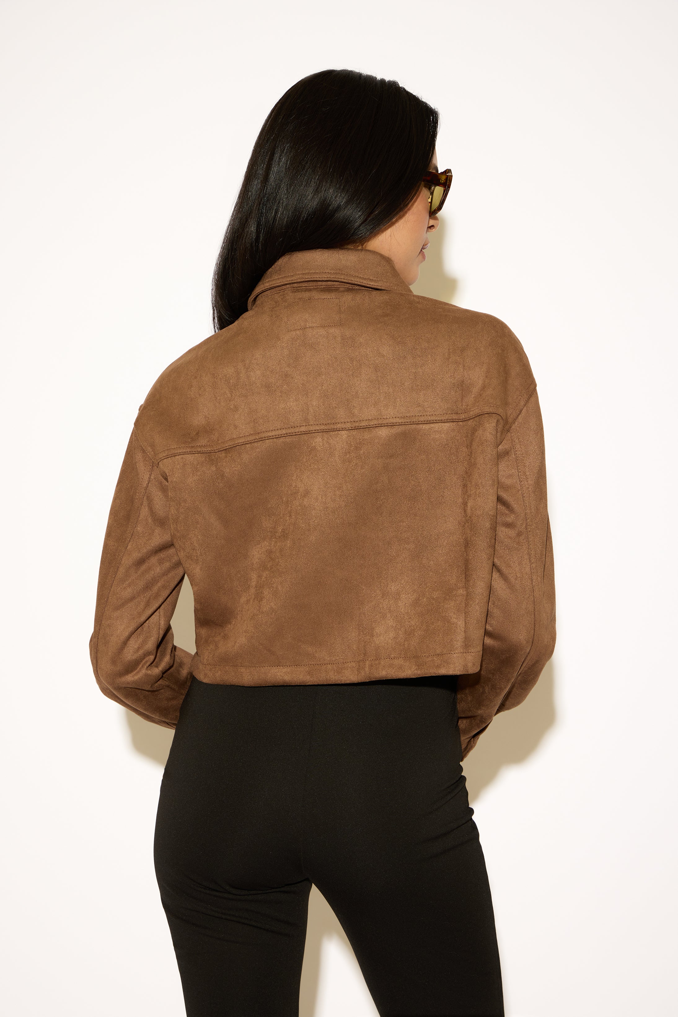 ZIP UP CROPPED VEGAN SUEDE COAT WITH PATCH POCKETS