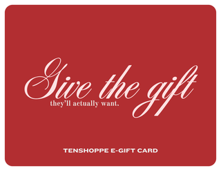 Red e-gift card with white text 'Give the gift they'll actually want' and 'Tenshoppe E-Gift Card' on a red background.