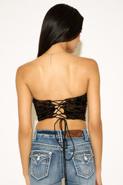 LEAF PRINT FLOCKED STRAPLESS TIE BACK CORSET TOP