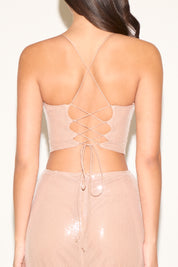 LACE UP SEQUIN CORSET TOP & MAXI SKIRT