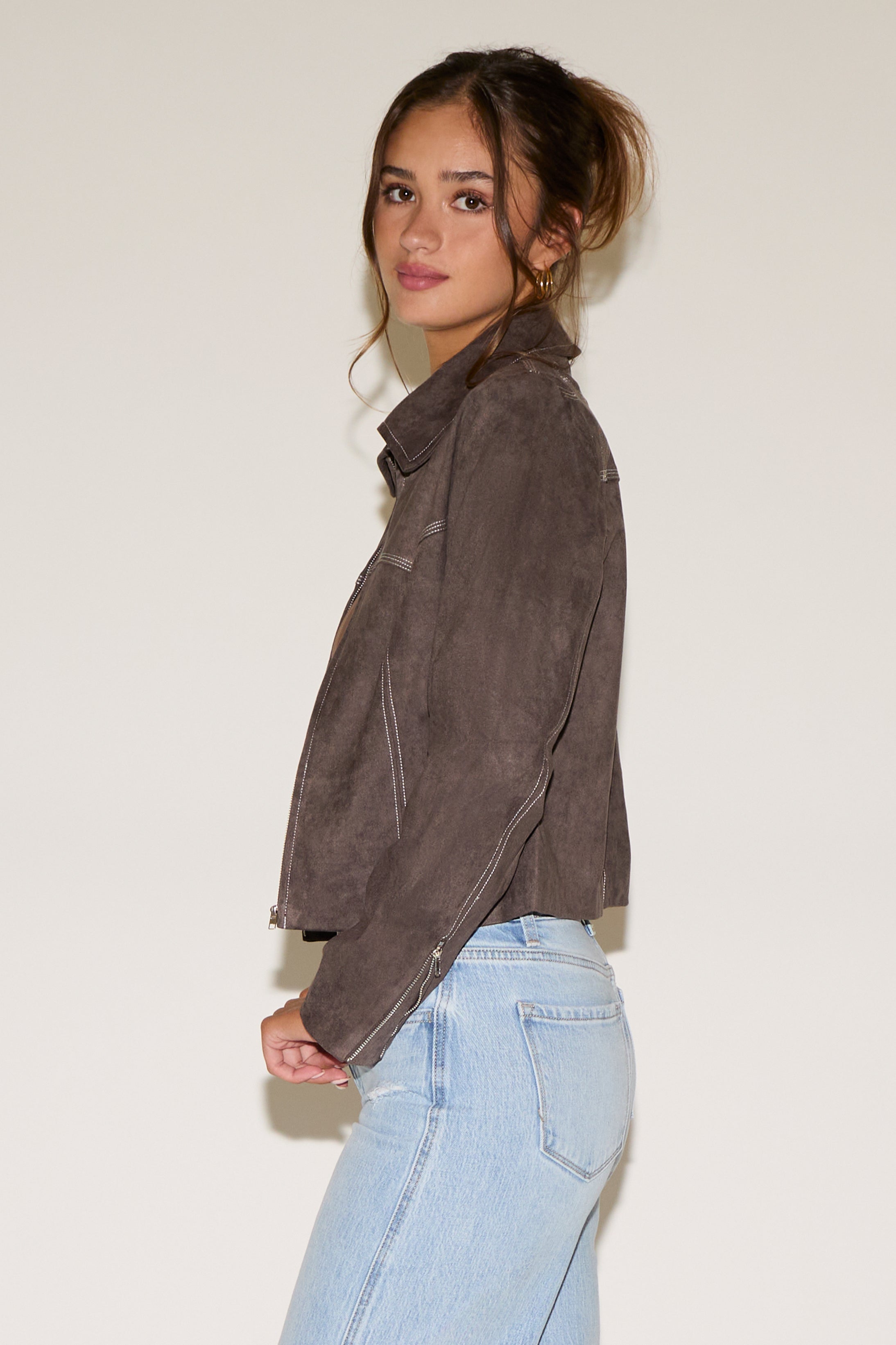VEGAN SUEDE WESTERN CONTRAST STITCHING JACKET