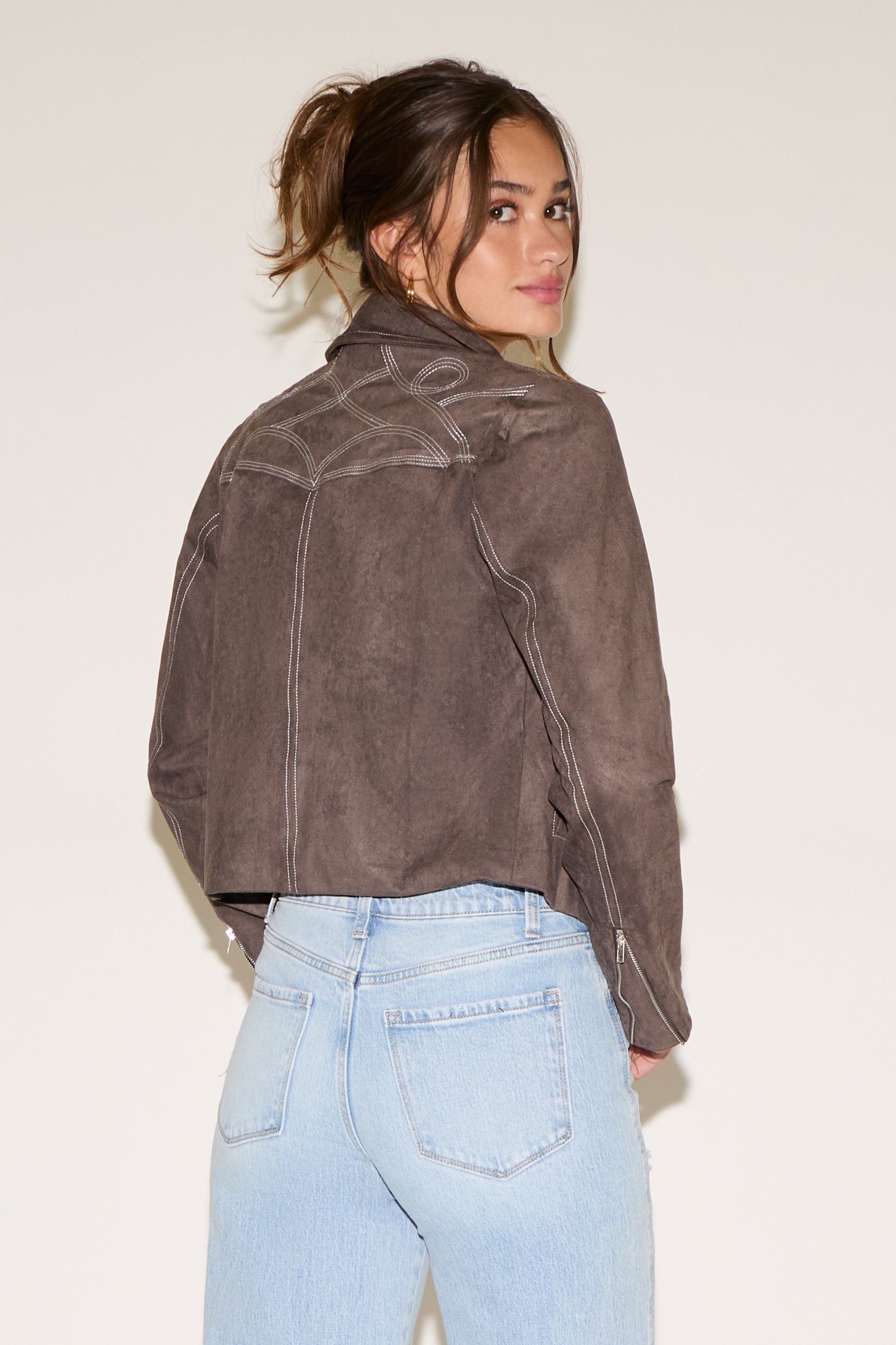 VEGAN SUEDE WESTERN CONTRAST STITCHING JACKET