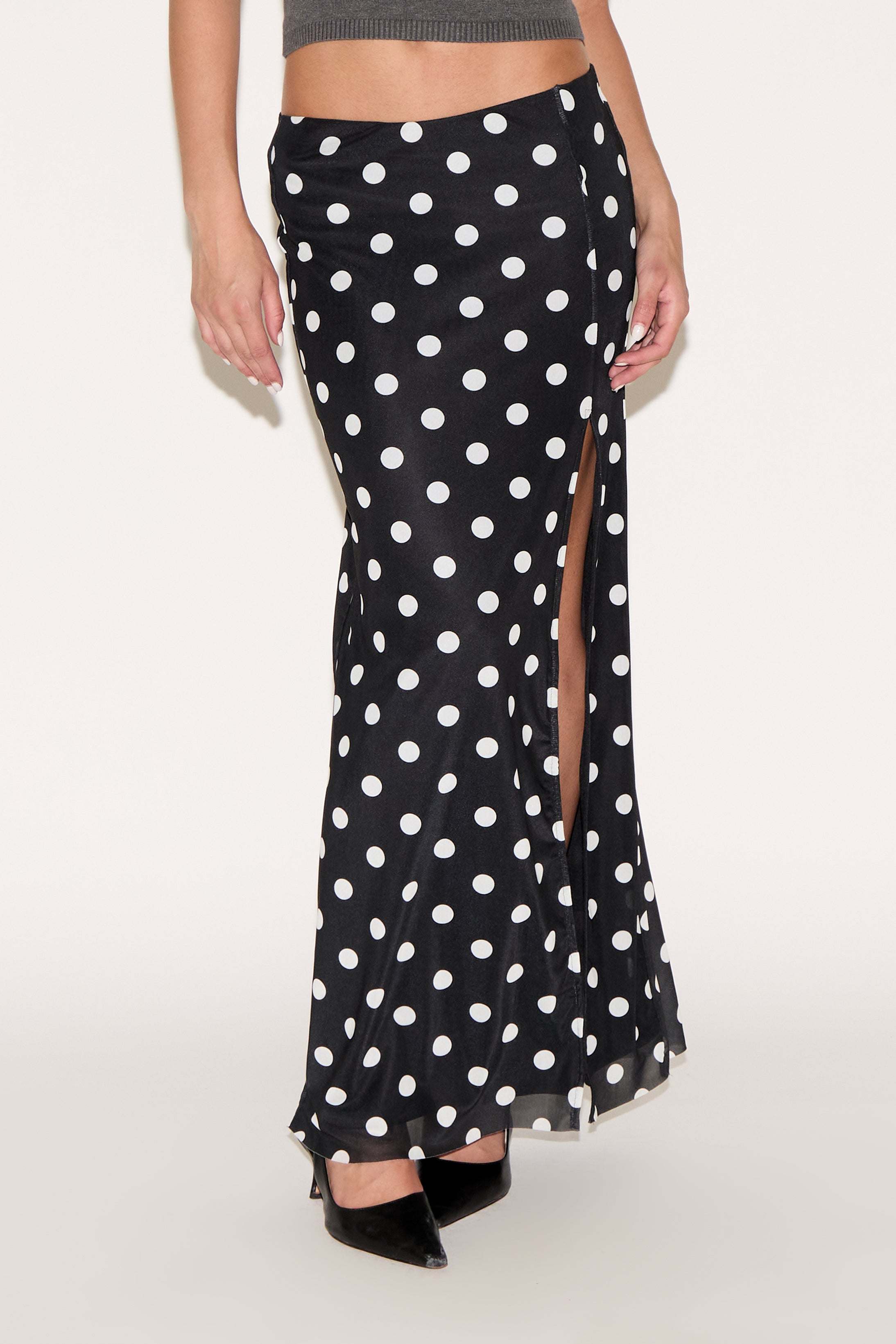 POLKA DOT PRINT MAXI SKIRT WITH SIDE SLIT