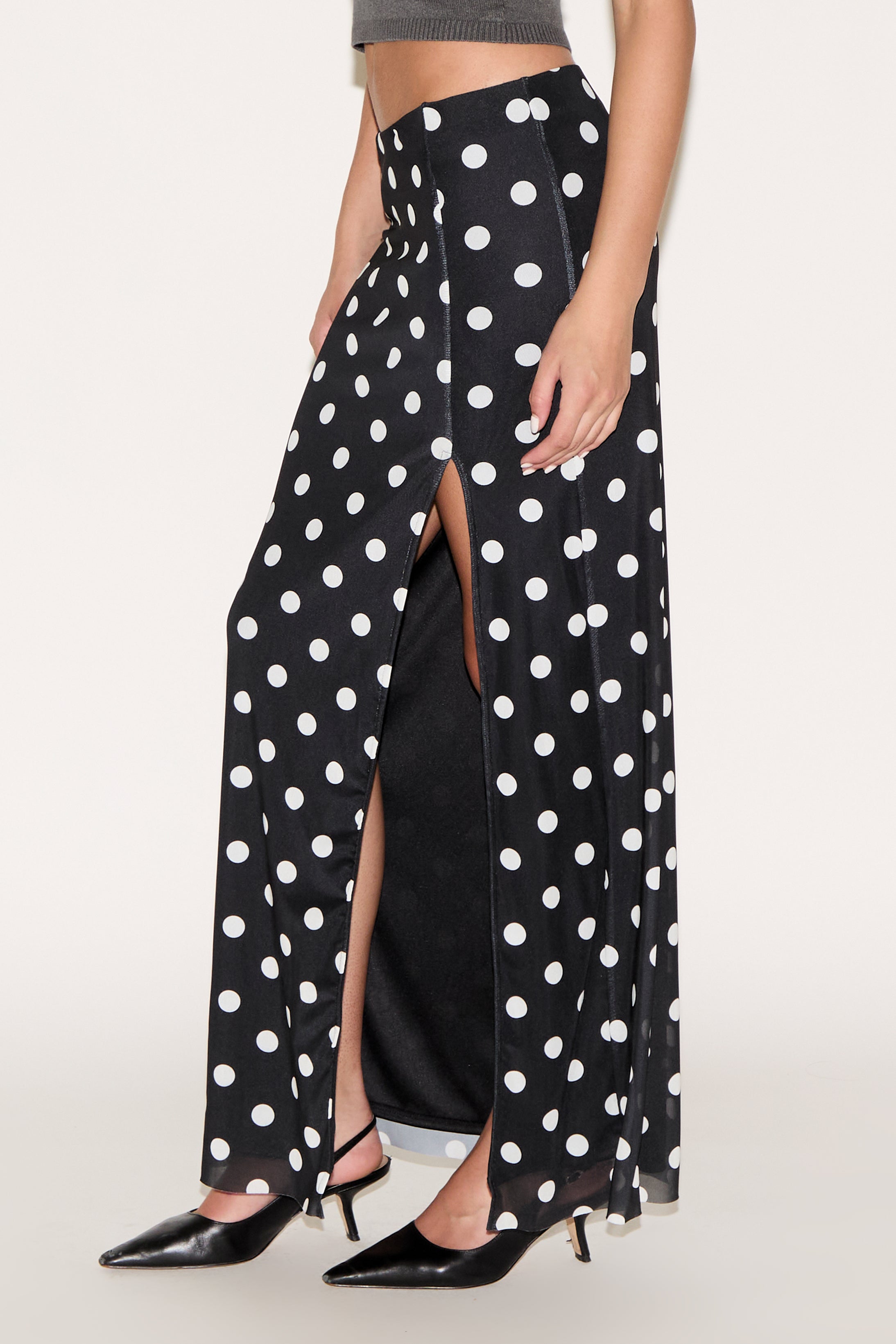POLKA DOT PRINT MAXI SKIRT WITH SIDE SLIT