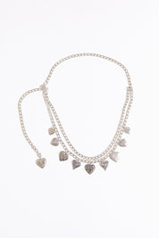 Draped heart charms chain belt on a white background.