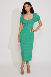 FLORAL PUFF SLEEVE PLEATED DETAIL MIDI DRESS