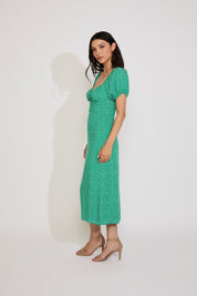 FLORAL PUFF SLEEVE PLEATED DETAIL MIDI DRESS