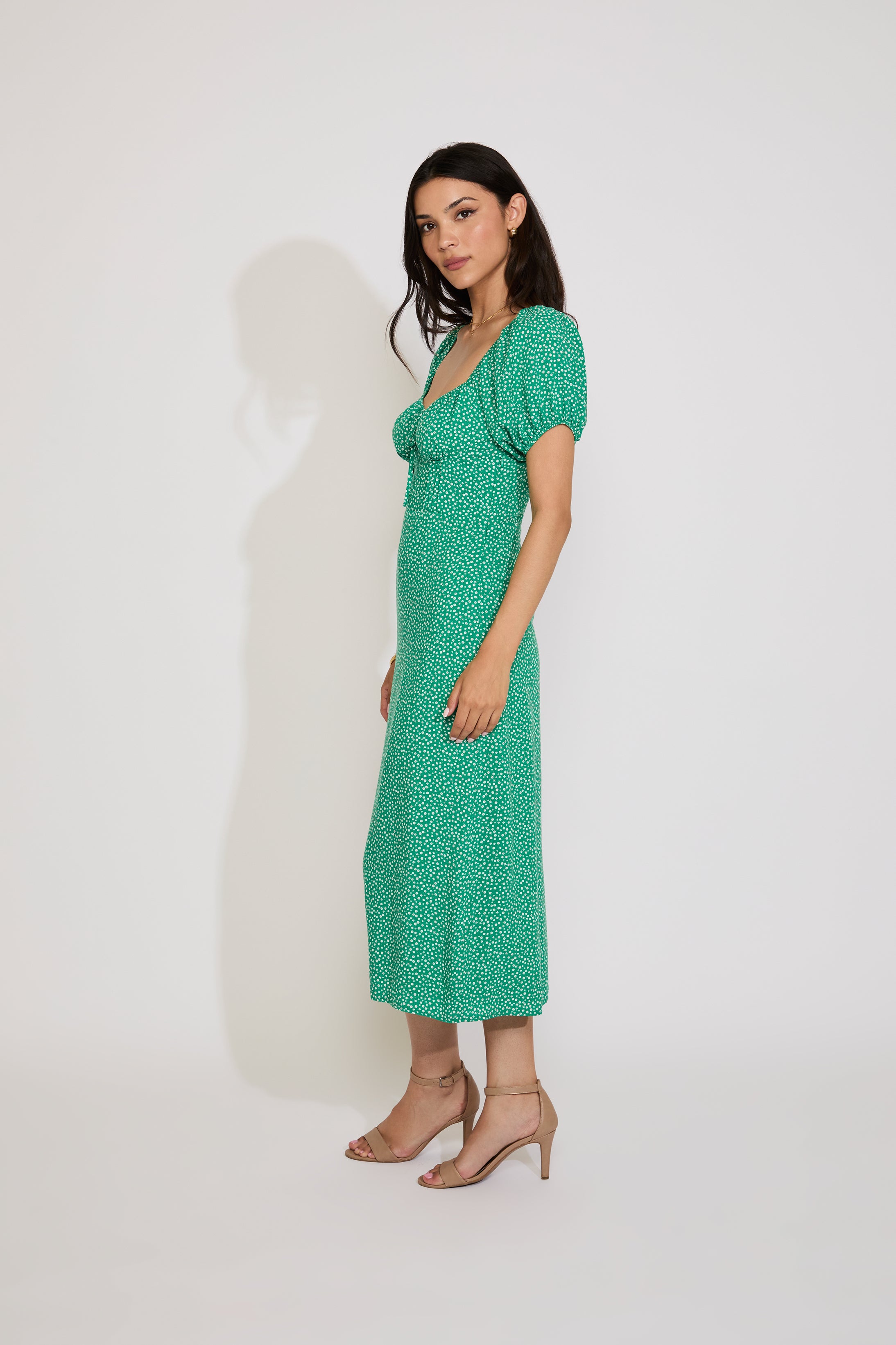 FLORAL PUFF SLEEVE PLEATED DETAIL MIDI DRESS